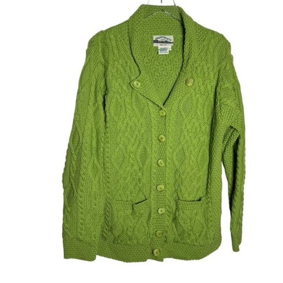 Aran Crafts Womens Green Cable Knit Cardigan Sweater Merino Wool - Picture 1 of 8